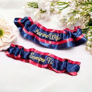 USMC Marines Custom Embroidered Wedding Garter Set Keepsake & Throw Personalized